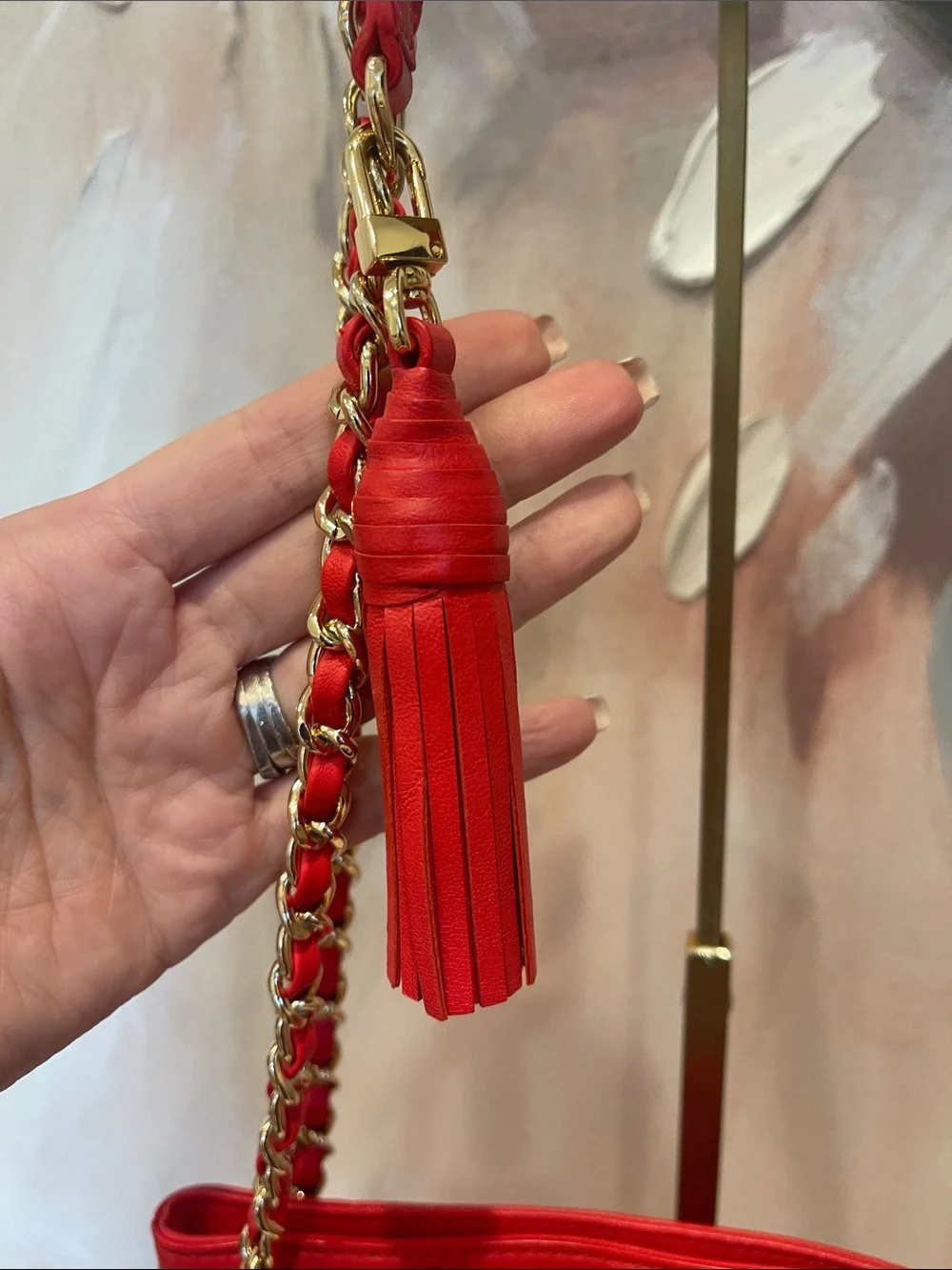 Tory Burch Red Quilted Leather Chain Shoulder Tote with Tassel